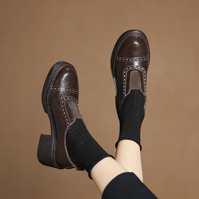 菓苒6cm中跟一脚蹬透气粗跟乐福鞋厚底百搭时尚复古单鞋英伦风40