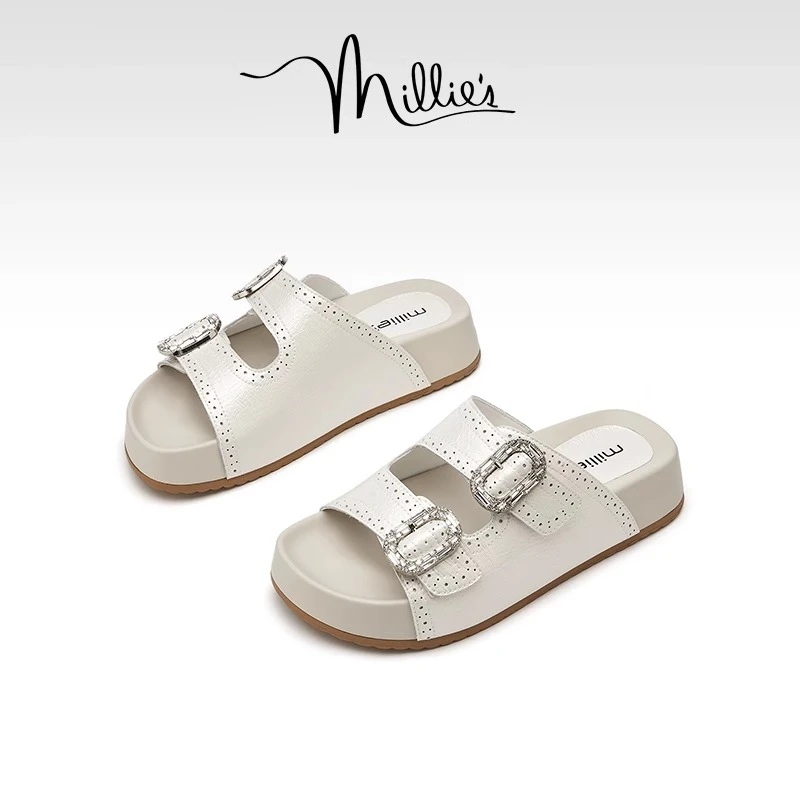 MILLIE'S/妙丽夏季新款洋气厚底水钻扣女拖鞋凉拖凉鞋百搭增高鞋Z