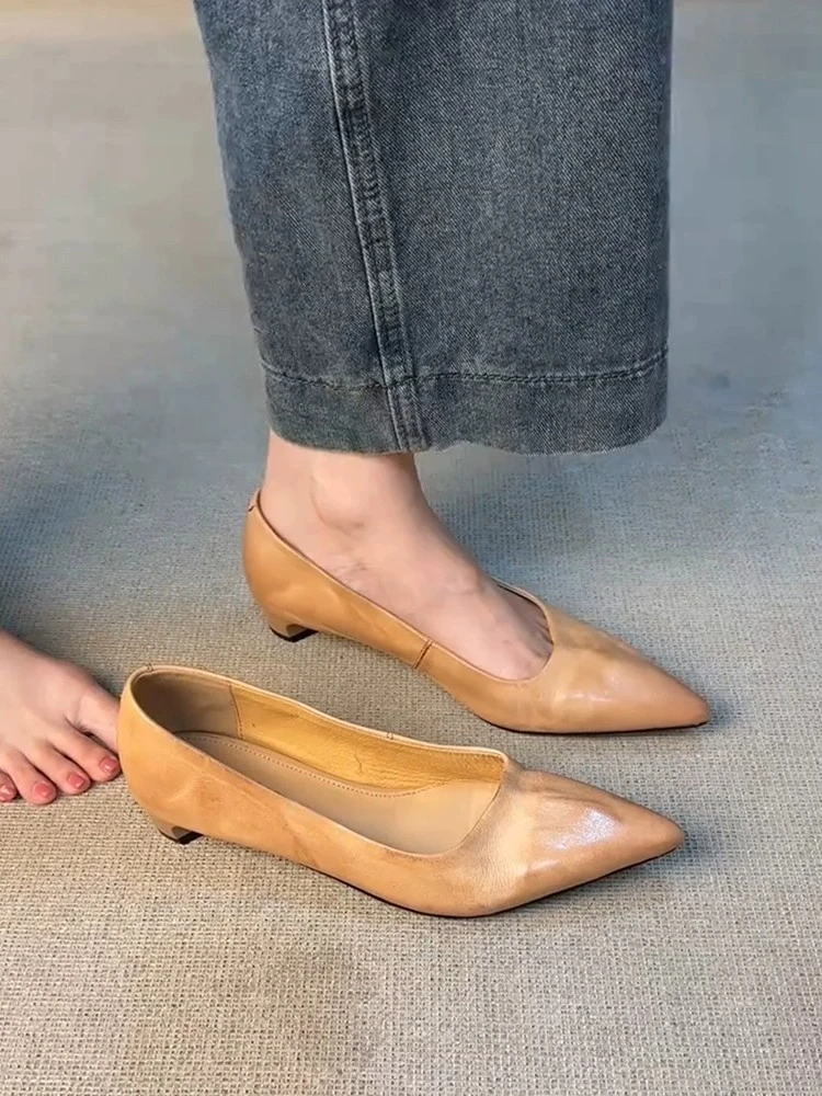 羊皮版~新款文艺风一脚蹬尖头单鞋女简约粗跟软皮复古通勤工作鞋