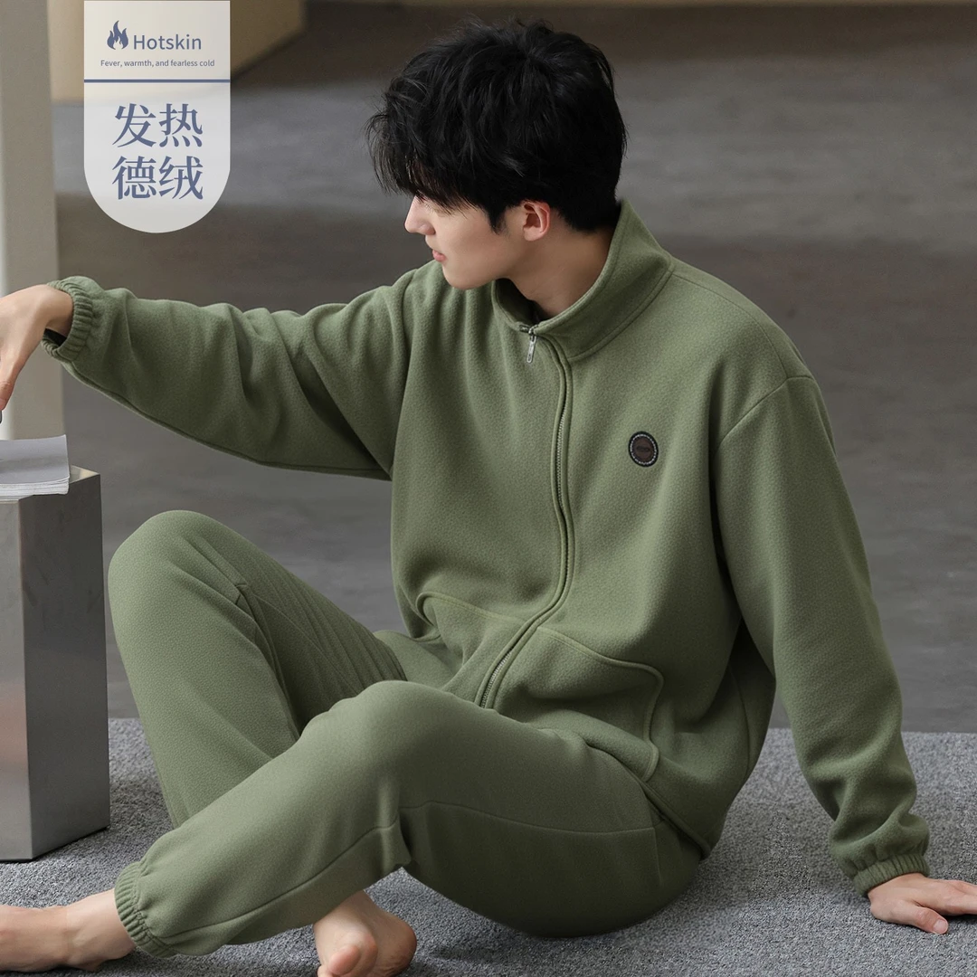 男士睡衣秋冬季德绒长袖套装可外穿拉链加大码薄绒家居服200斤4XL