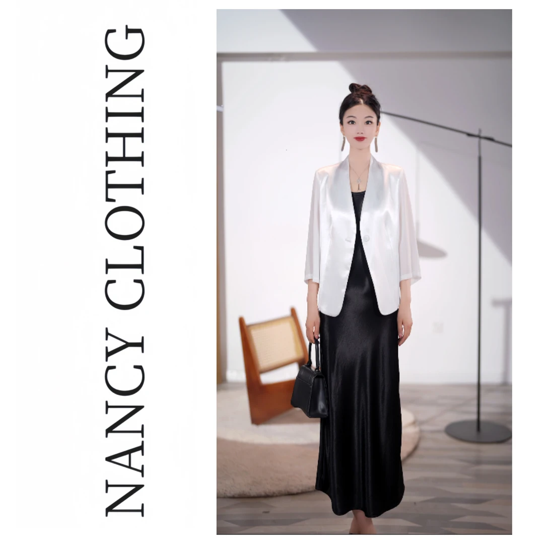 【南希定制】21029高级醋酸无领外套夏季薄款宽松缎面光泽垂感西服