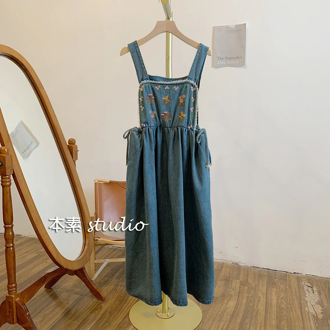 C0860可调节腰部抽绳刺绣花边牛仔背带裙