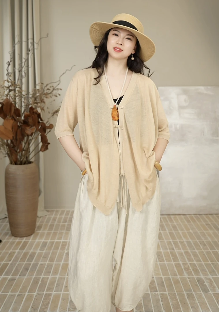 复古盘扣百搭棉麻针织衫休闲中袖夏季女小外套