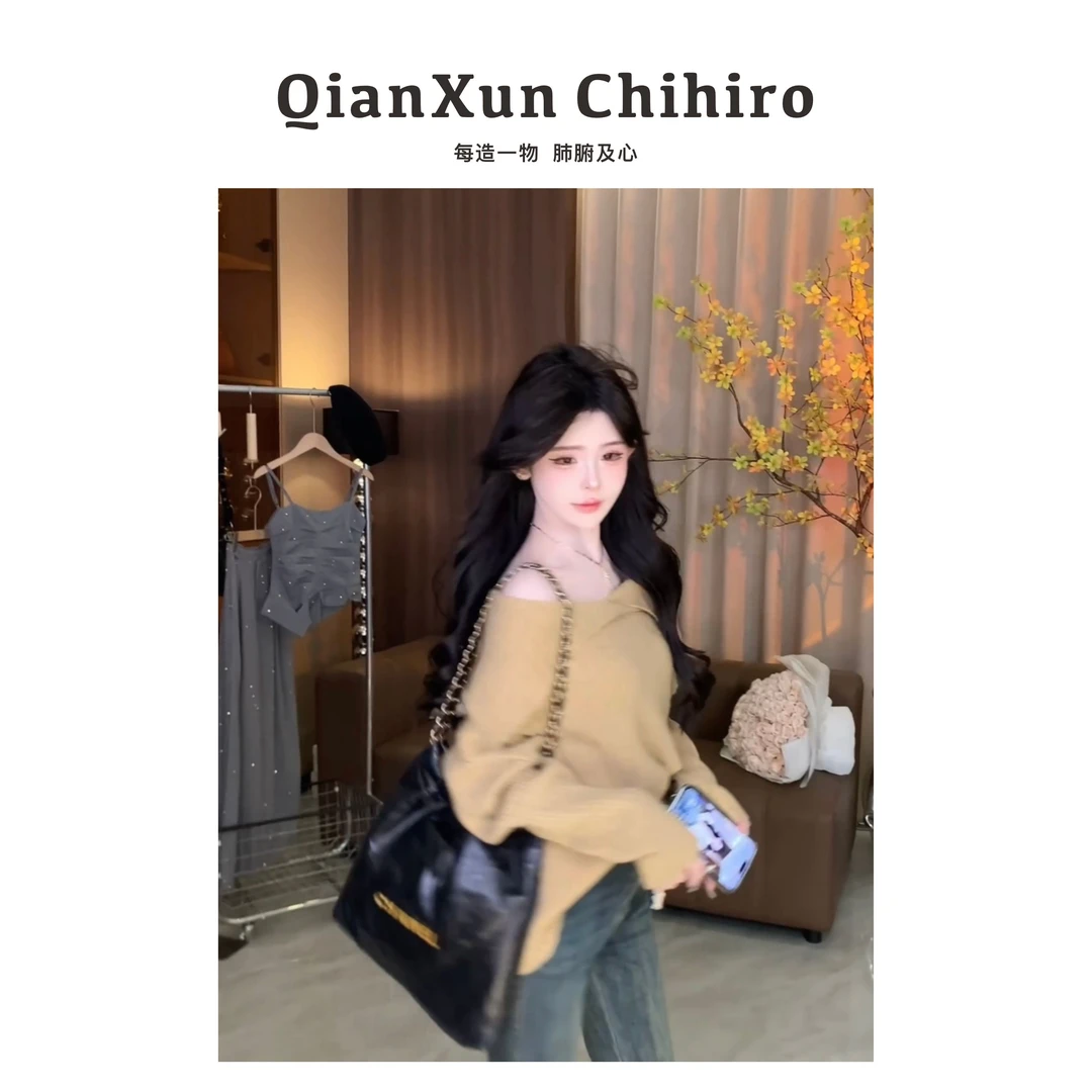 【千寻严选】上衣设计气质时尚休闲宽松显瘦露肩毛衣X4MY6627A