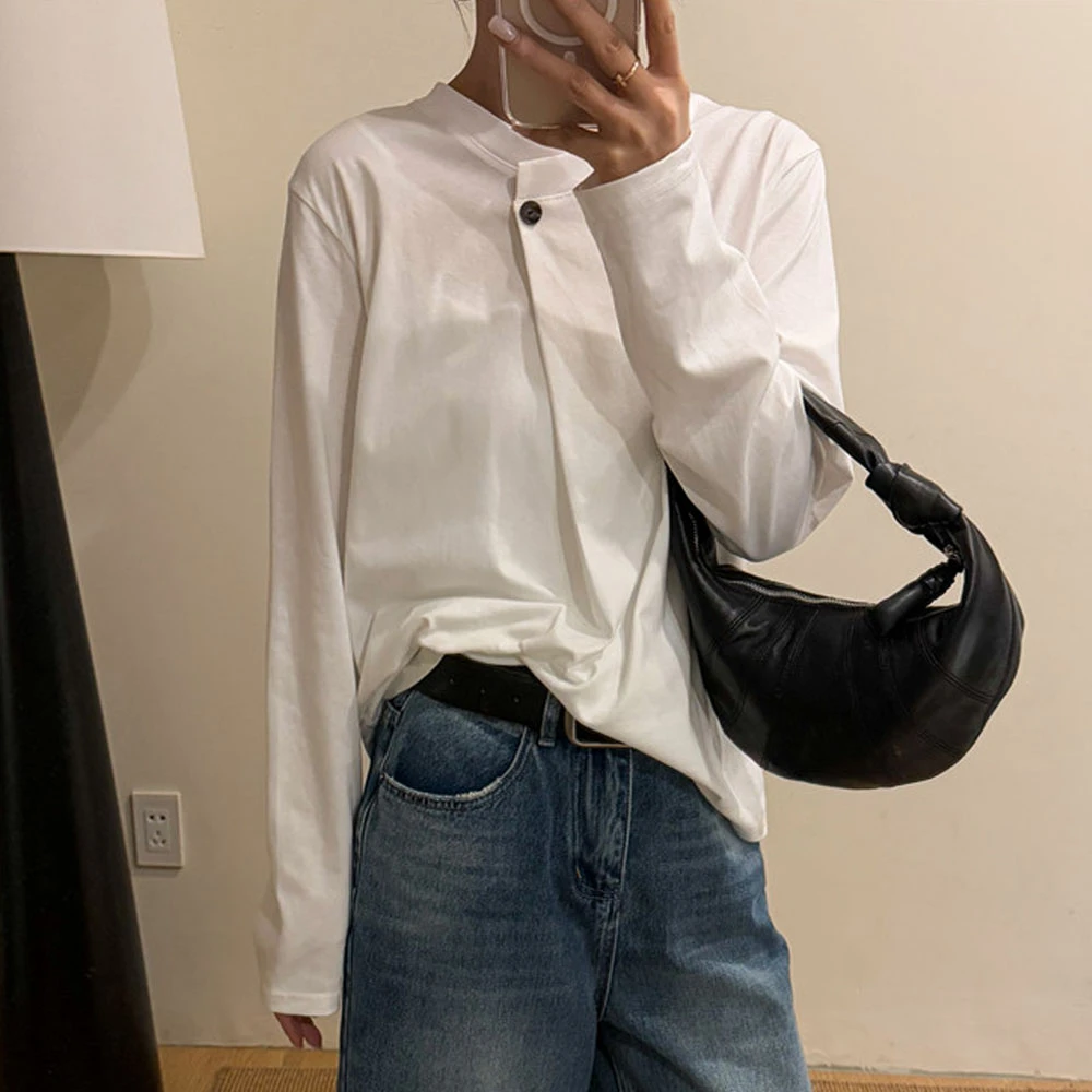 不规则纽扣长袖T恤女欧洲站2025秋装新款欧货女装纯棉打底小衫潮