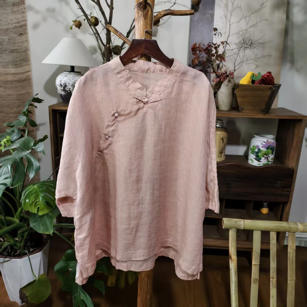 【大梅子推荐】设计款亚麻蘑菇扣上衣X5952A