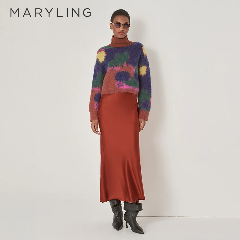 MARYLING玛俪琳秋冬新品砖红鱼尾缎面半身裙A1DHW72480