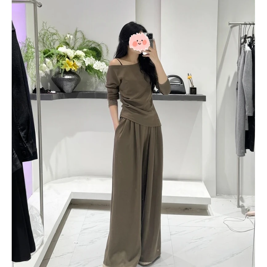 欧美风法式休闲风时尚上衣裤子套装裤子显瘦套装斜肩时尚宽松