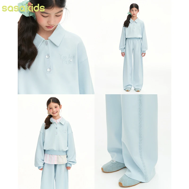 sasakids韩系甜心学院风秋季休闲运动宽松polo卫衣+卫裤