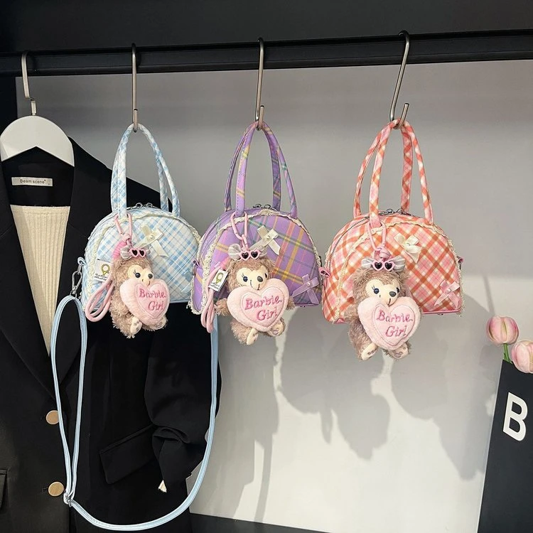 洋气甜美粉色格子手拎斜挎手机包女款2025新款潮百搭小众小包包