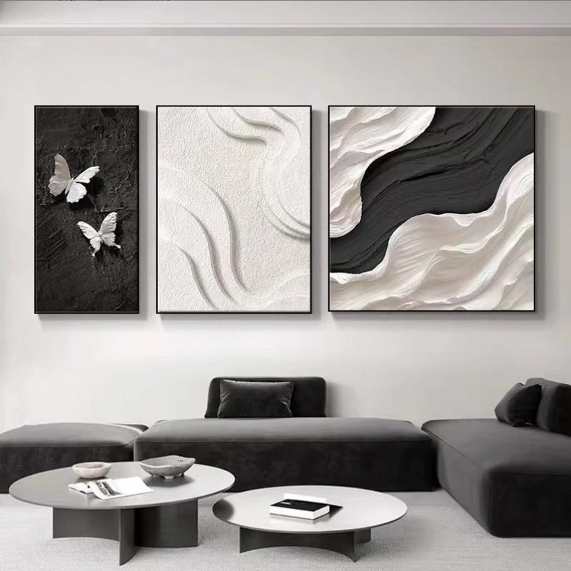 现代简约客厅装饰画黑白灰抽象蝴蝶三联壁画高级感沙发背景墙挂画