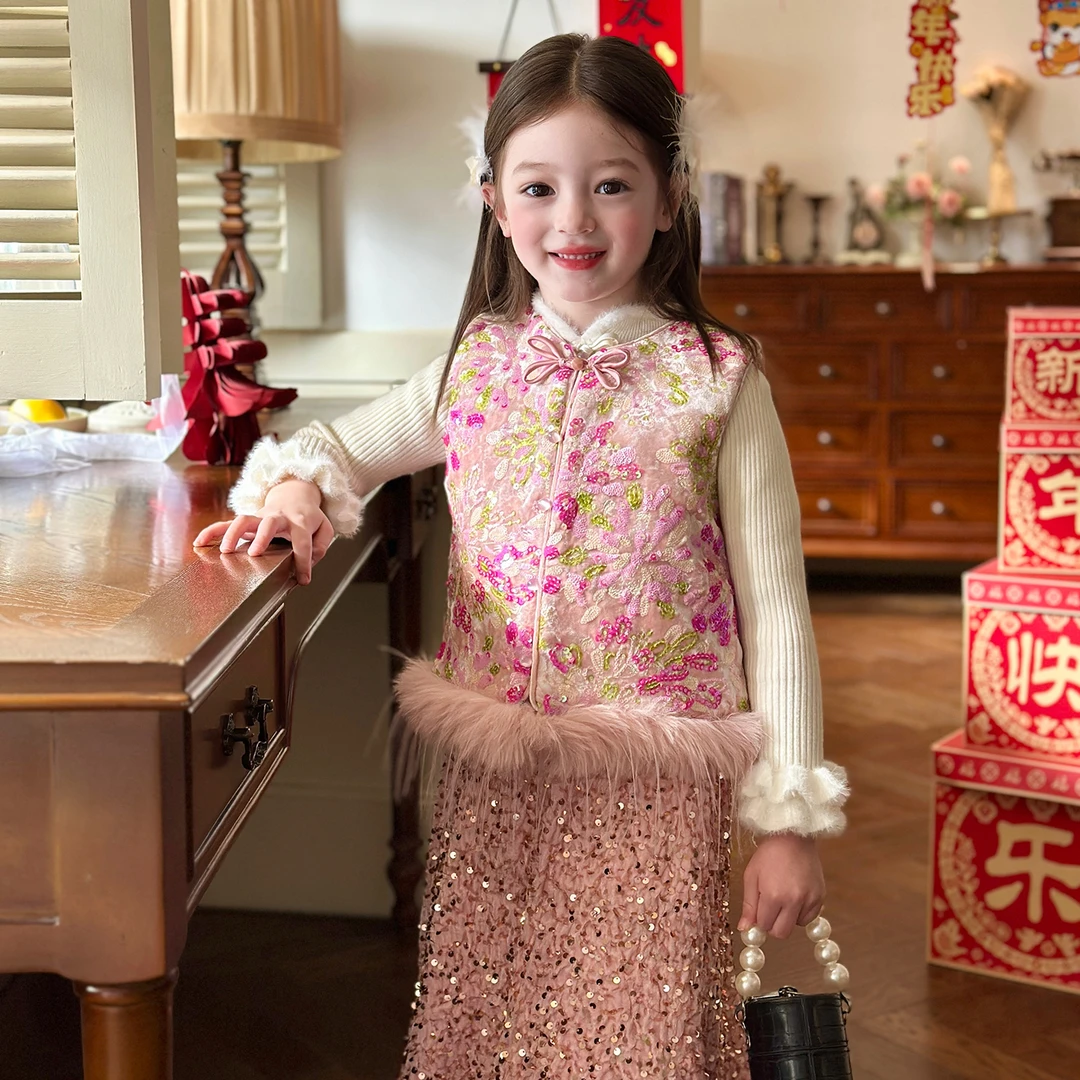 栀了成长记童装女童新中式马甲2025冬季儿童保暖夹棉国风无袖上衣