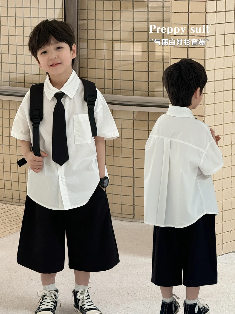 【AX5014】2025男童春夏新款韩领带宝宝两件套短袖儿童衬衫套装潮