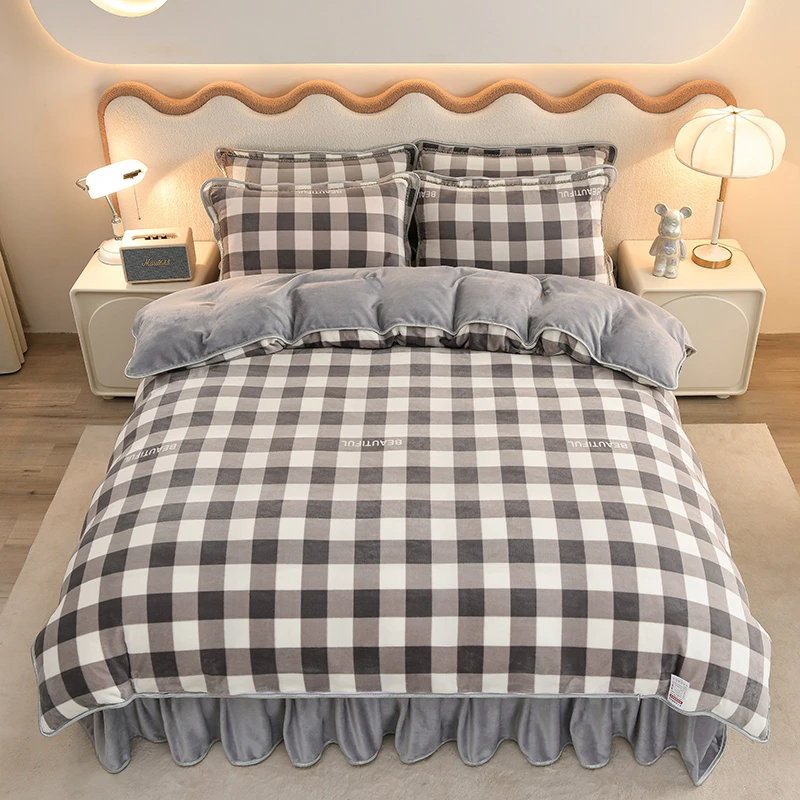 保暖床品套床裙款印花加绒床品四件套单人双面绒床单被套学生宿舍