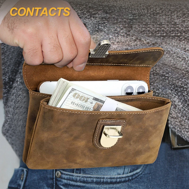 黑天使复古疯马皮RFID防磁腰包多功能双开口袋插锁真皮手机腰包