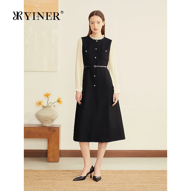 YINER音儿专选2025冬季新款羊毛混纺拼接雪纺袖钉珠撞色连衣裙