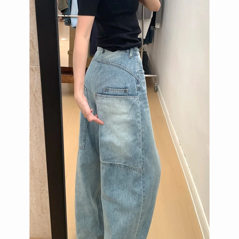 复古高腰水洗阔腿牛仔裤女2025秋季新款大口袋设计感宽松拖地裤子