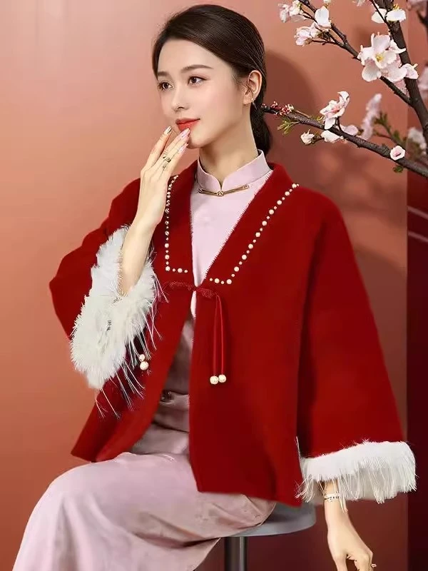 红色旗袍披肩秋冬季带袖子外搭外套仿貂绒新中式新娘敬酒服披风