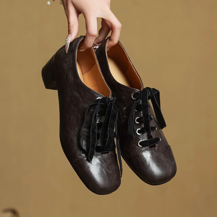 里外纯皮～羊皮3.5cm方头低跟复古百搭女单鞋春秋粗跟交叉绑带气质