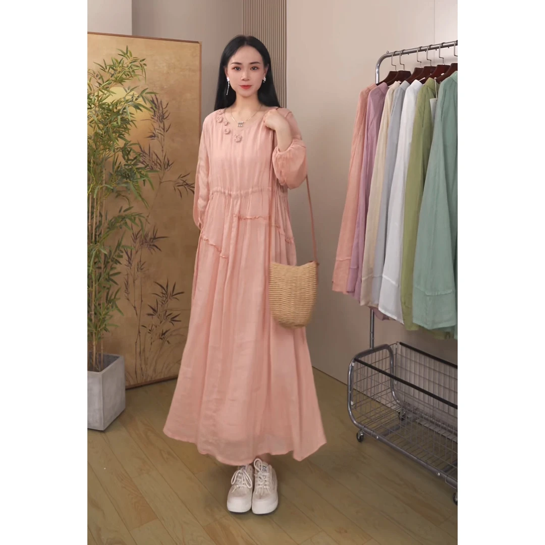 小静家纯苎麻V领花边手工立体钩花腰间抽绳双层连衣裙5318