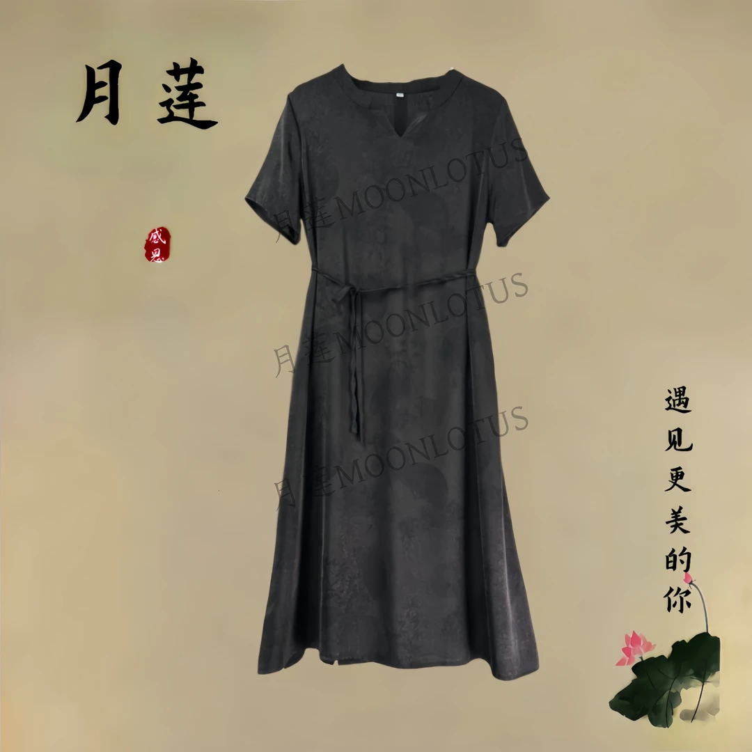 2580  高定国风扇子翠竹印花小V领气质显瘦女装连衣裙