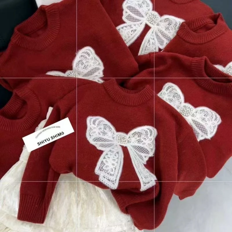 女童冬装蝴蝶结毛衣加厚保暖女孩内搭2025新款红色针织上衣