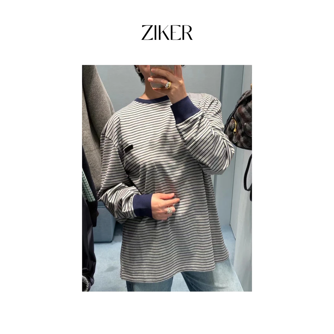 ZIKER｜秋季宽松撞色蓝条纹百搭圆领套头长袖T恤