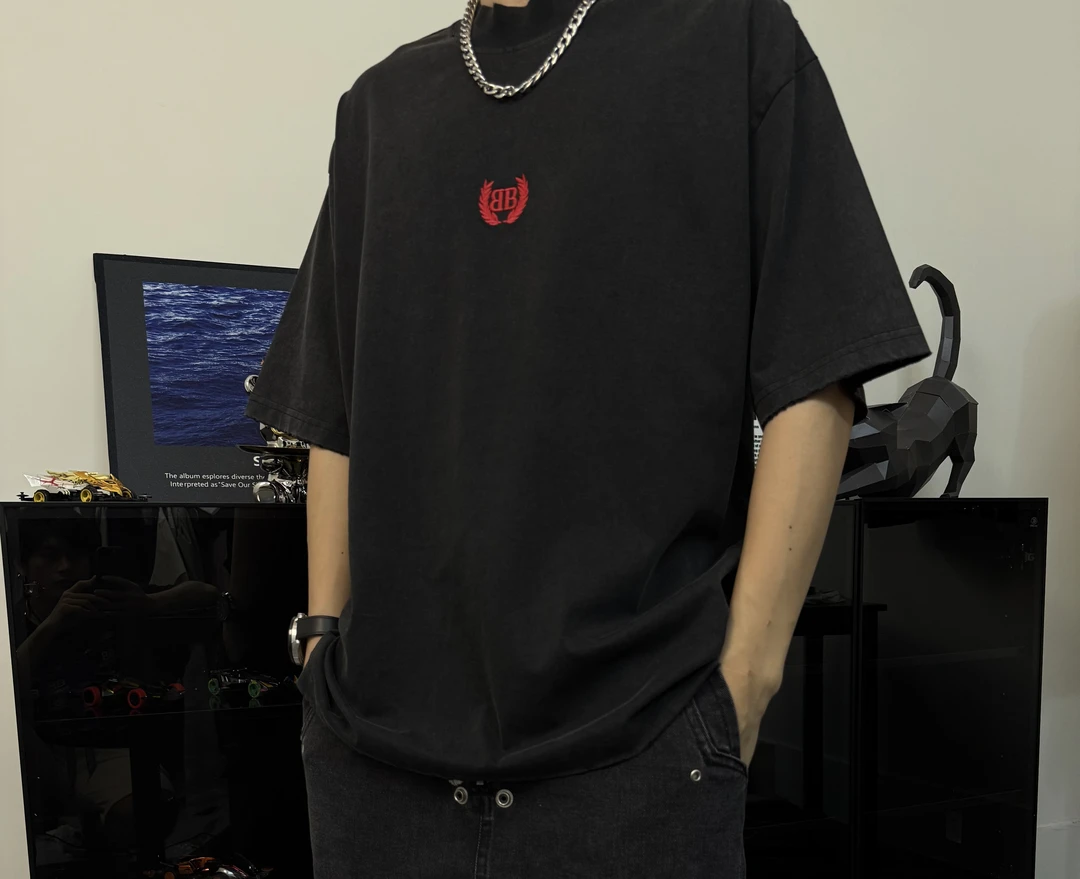 【水哥开发】小双B红标水洗做旧字母常规刺绣短袖T恤男女同款