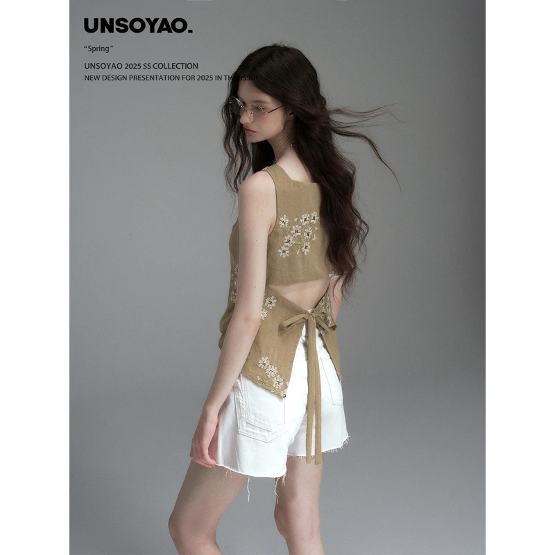 UNSOYAO 25SS“鲸落时钟”后背镂空露腰设计珠片绣高工艺无袖背心