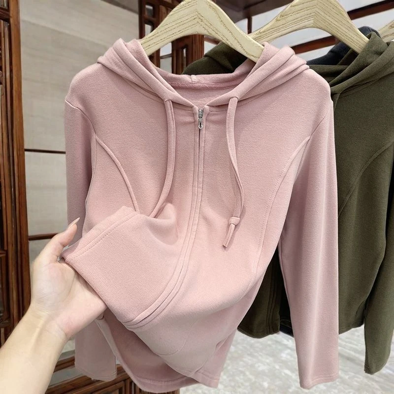 春秋连帽卫衣外套女拉链鱼骨显瘦遮肉简约短款开衫上衣洋气冬