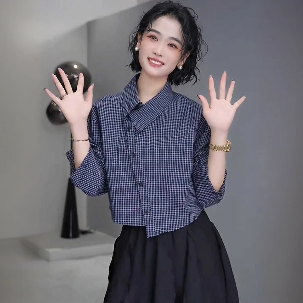 不规则侧扣撞色长袖格子衬衫女2025新款秋季宽松翻领短款气质上衣