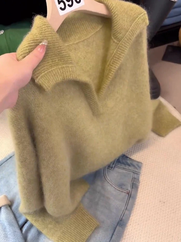 慵懒风韩系翻领针织衫女2025秋冬新款巨好看减龄宽松长袖软糯毛衣