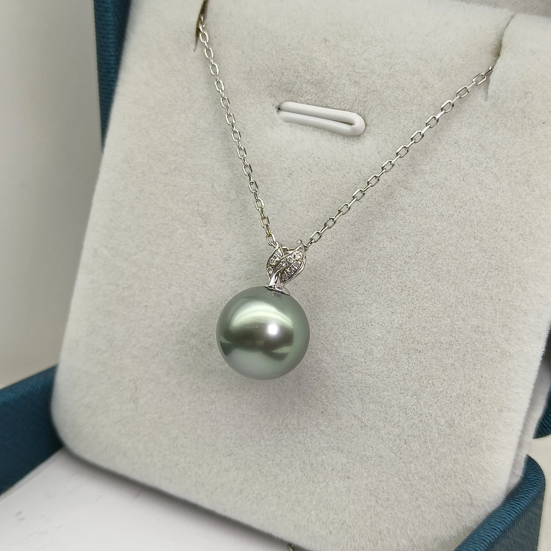 【瑞米珍珠】大溪地黑珍珠玫瑰花瓣18k镶钻吊坠10-11mm