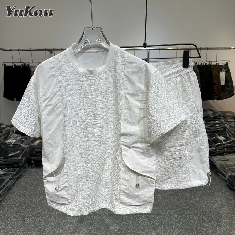 2025夏季男士拼料轻薄短袖套装宽松透气短裤时尚两件套情侣款套装