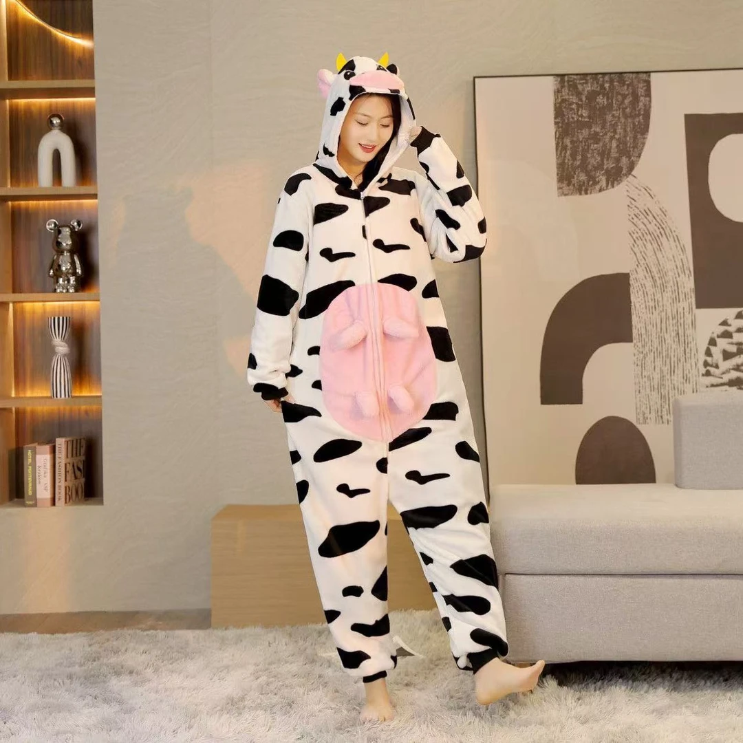 无品牌新款万圣节法兰绒新款奶牛卡通动物连体睡衣Kuromi家居服2