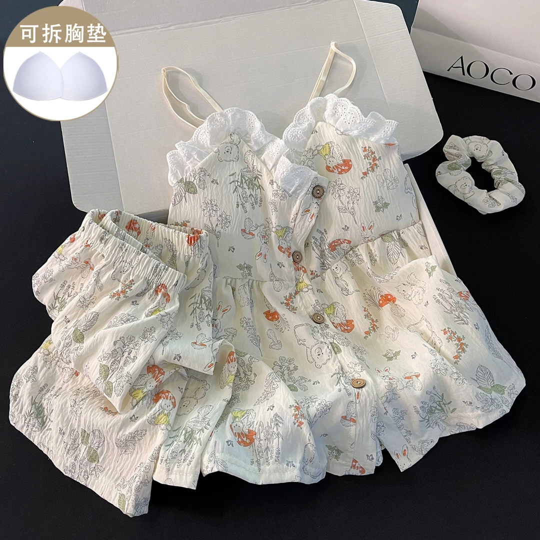 2025年夏季新款睡衣女宽松带胸垫性感吊带短裤蕾丝简约家居服套装