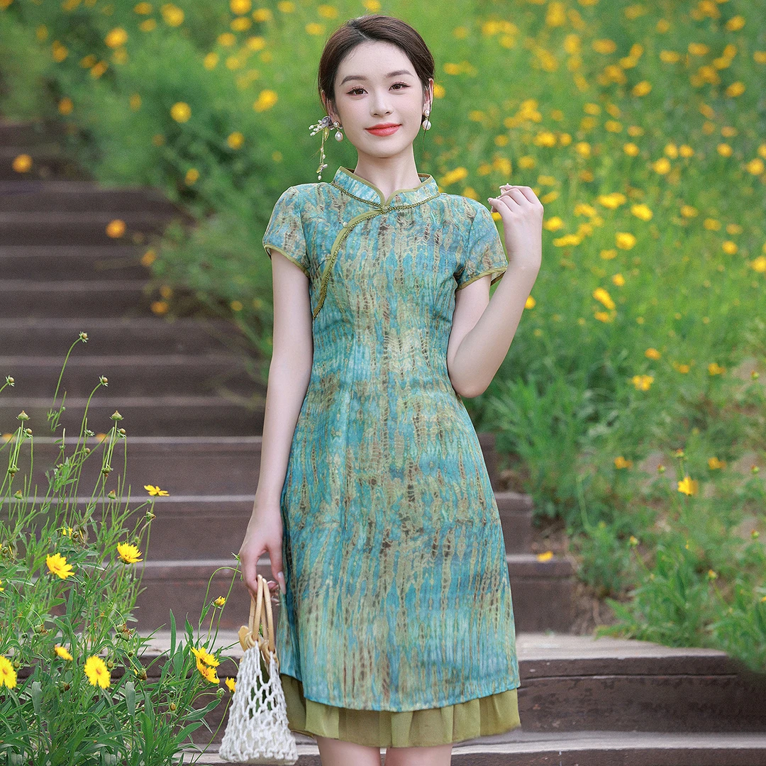 烟花烫新中式复古改良旗袍女夏季新款收腰气质显瘦连衣裙 安洛