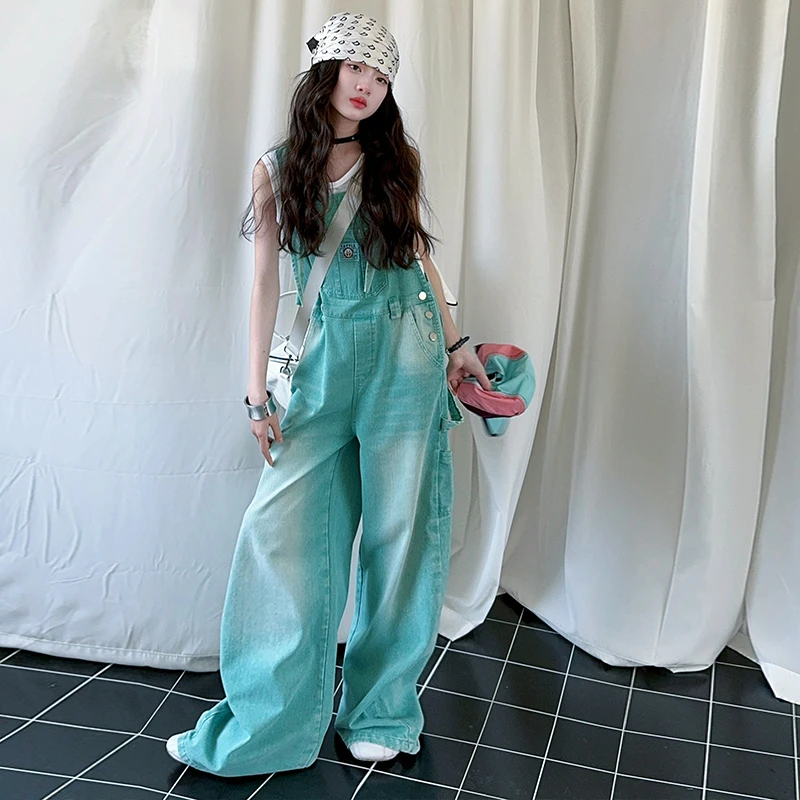 女童薄荷绿复古牛仔背带裤2025春夏儿童设计感百搭宽松直筒连体裤