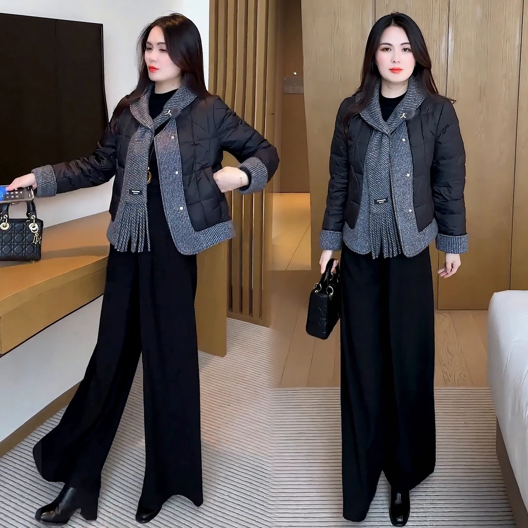 时尚羽绒棉服女2025冬季新款洋气围巾条纹拼接棉衣气质保暖短外套