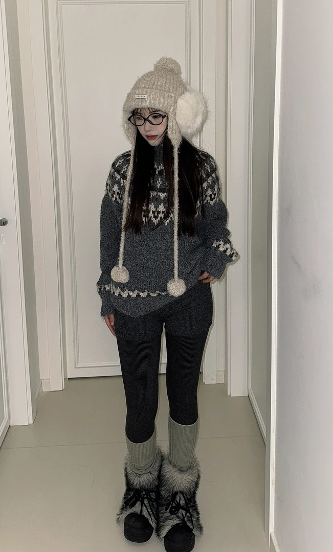 Woola费尔岛软糯宽松休闲毛衣女慵懒风加厚羊驼毛撞色微喇针织衫