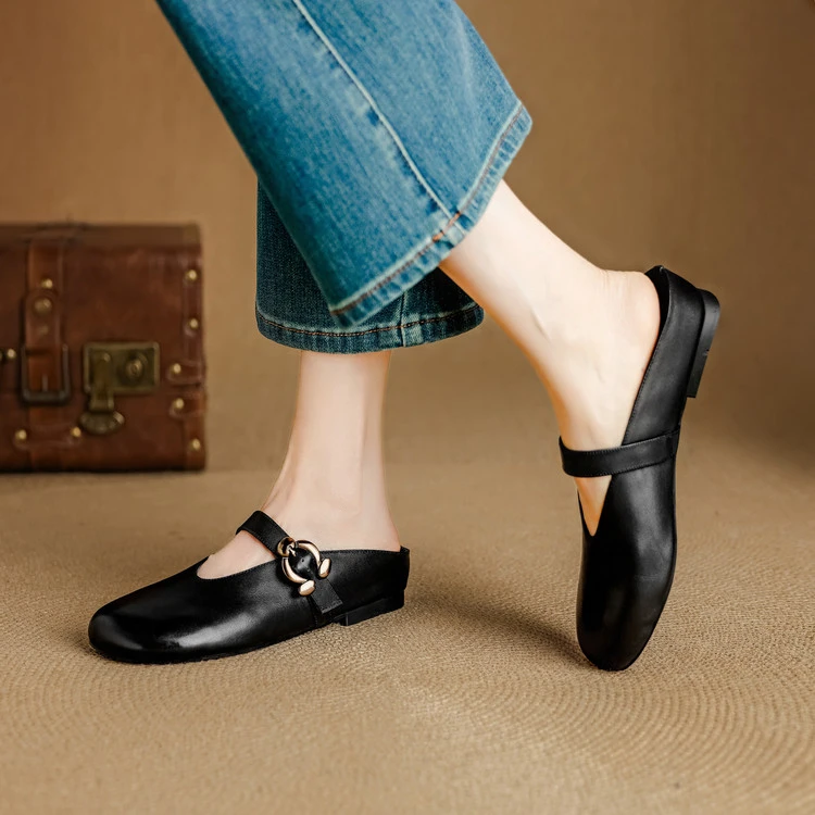 夏季软皮穆勒鞋外穿时尚通勤百搭女内增高圆头拖鞋老钱风必备女鞋