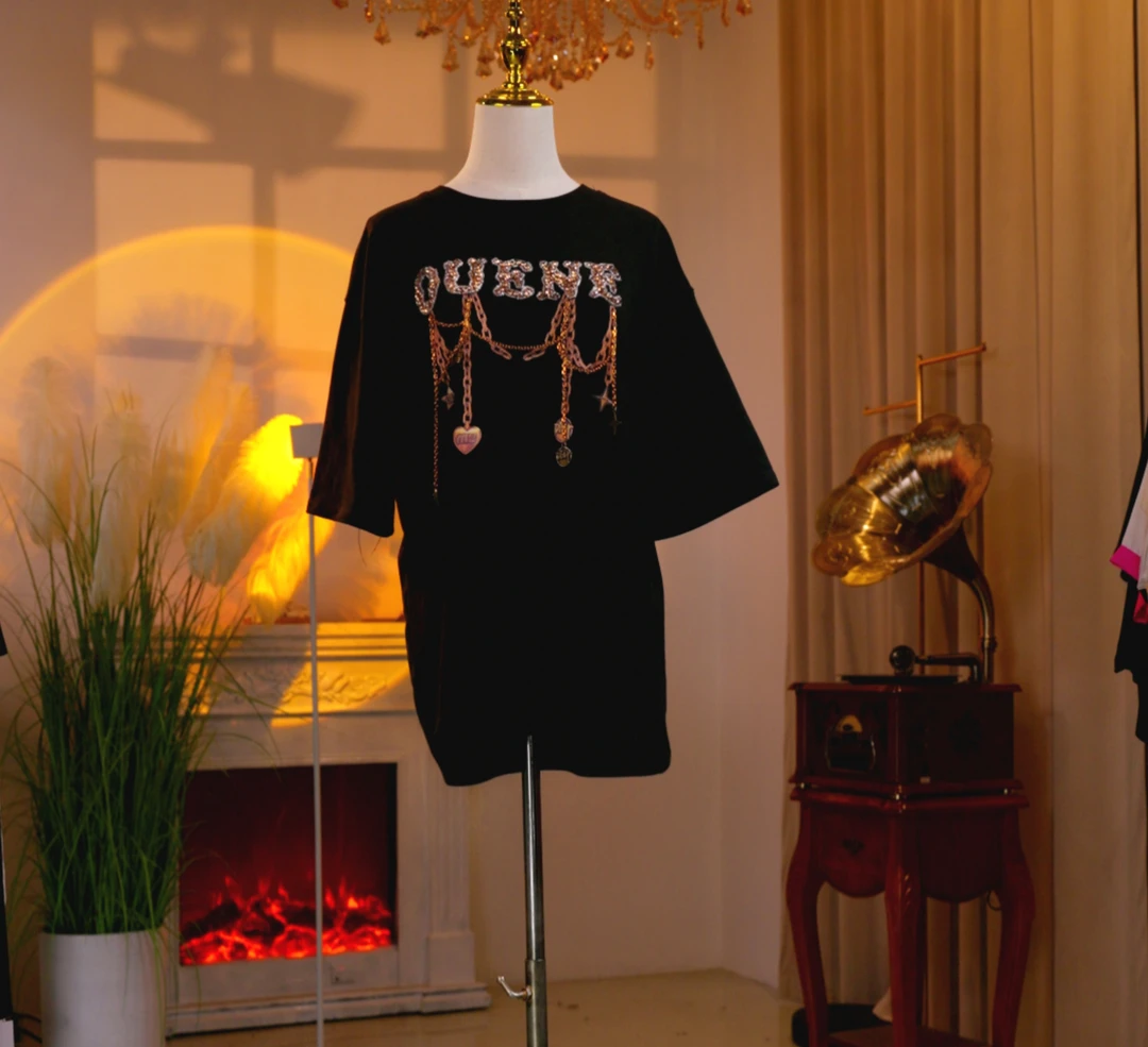 高定时尚气质减龄百搭小众黑色短袖ins250299宽松夏季设计感重工