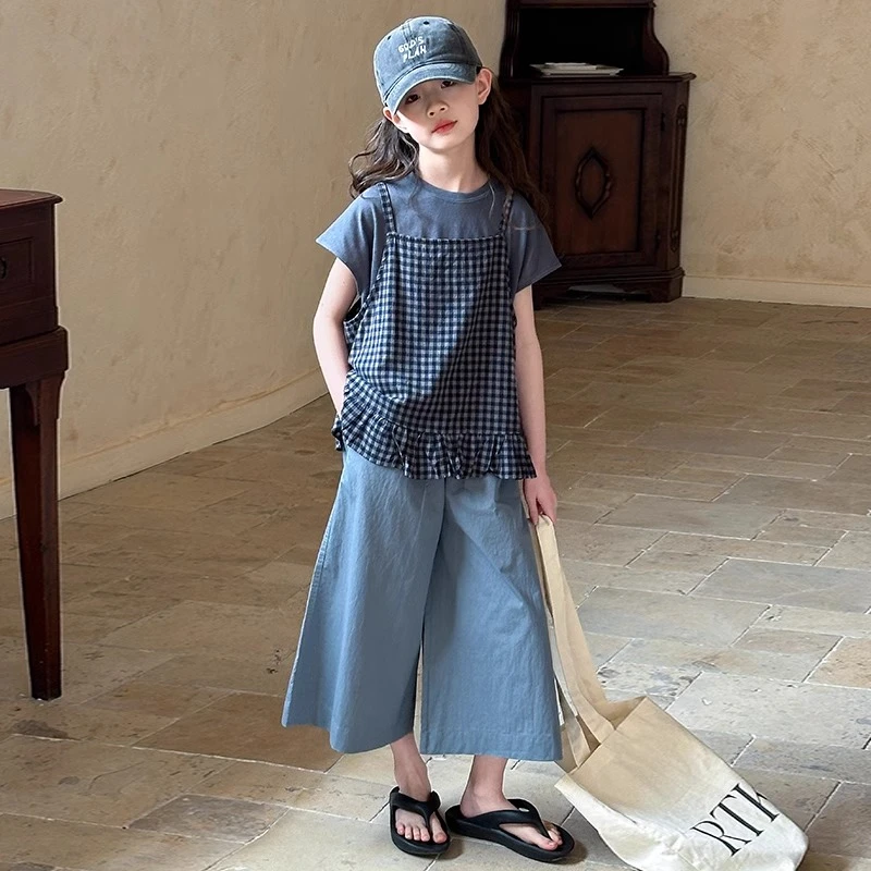 女童格子吊带套装夏季2025新款儿童洋气短袖中大童阔腿裤子三件套