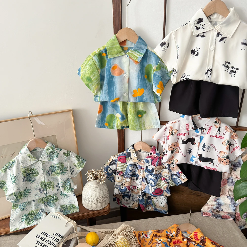 【欧若风泡泡堂】儿童短袖衬衫男童套装夏季帅气时尚两件套