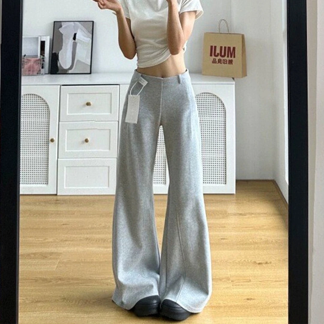 美式灰色设计感微喇裤女秋季新款大码胖mm高腰弹力显瘦运动卫裤子