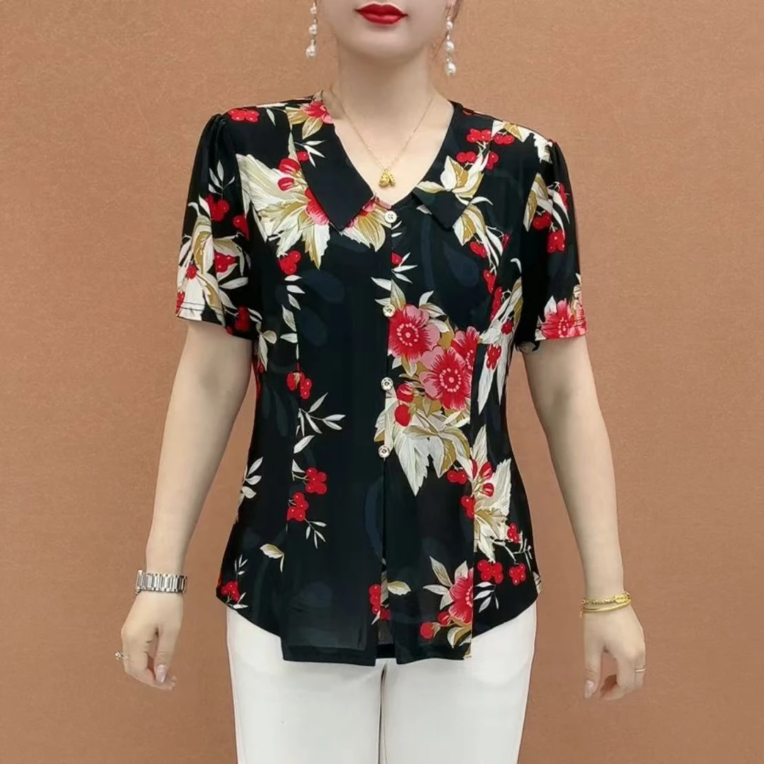 2025夏季新款娃娃领洋气显瘦百搭上衣气质遮肚印花中老年96