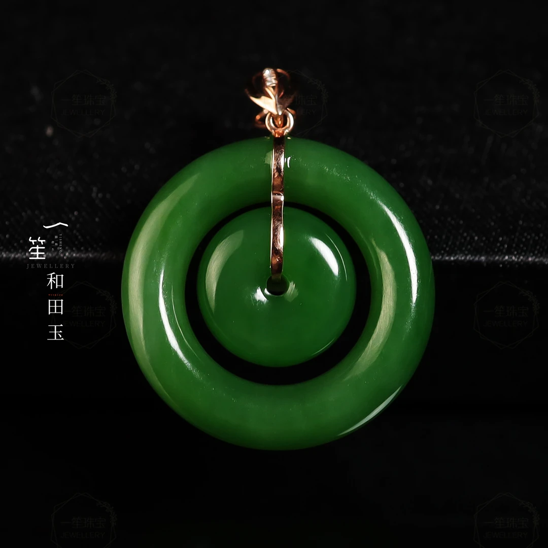 【一笙珠宝】天然和田玉碧玉辣绿吊坠18k金镶嵌 YS18922