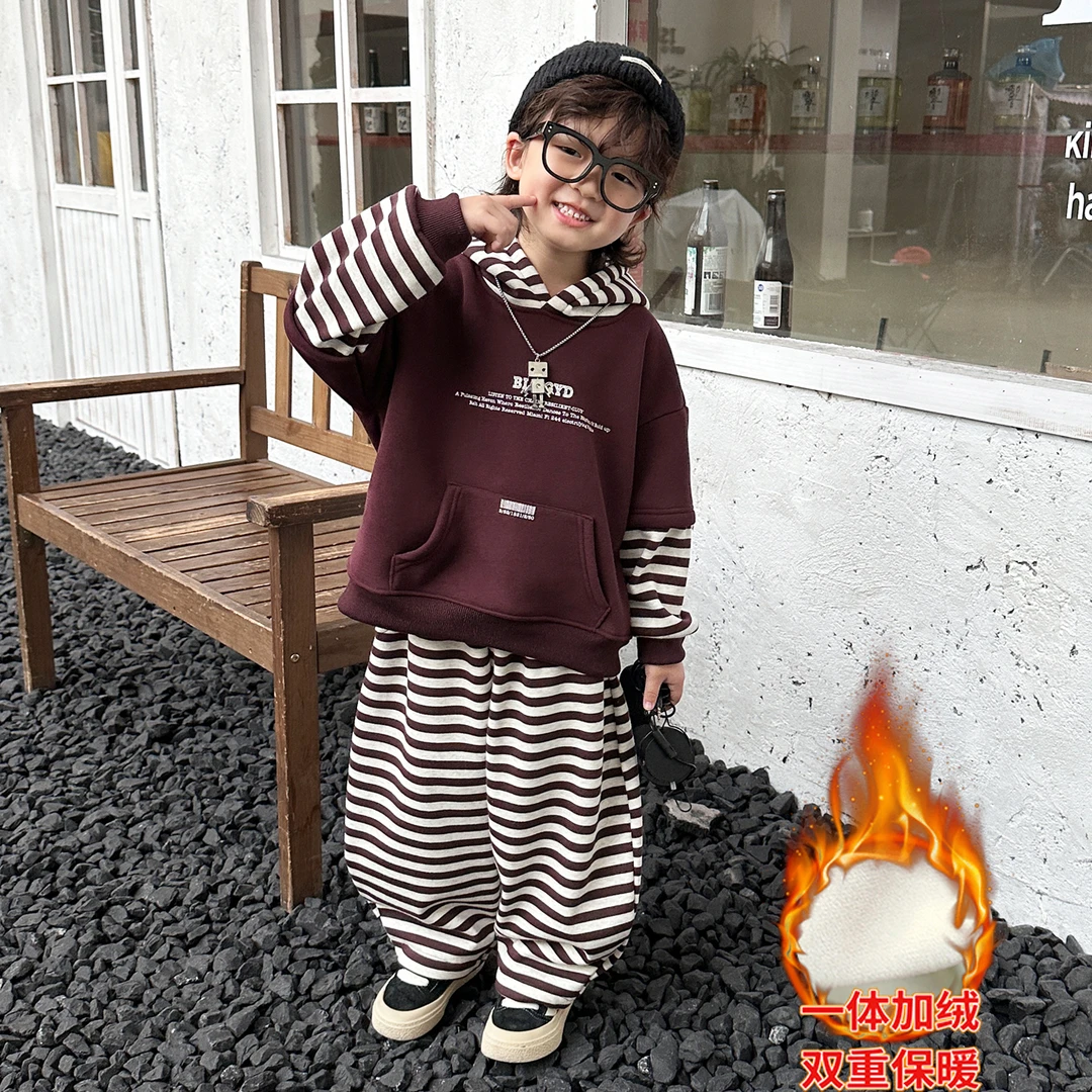 男童秋冬季加绒卫衣套装洋气儿童运动条纹两件套韩版新款宝宝衣服