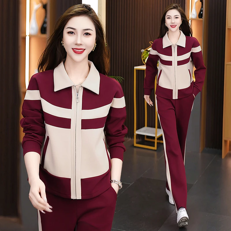 高级感休闲运动服套装女2025春秋新款洋气拼色翻领卫衣跑步两件套