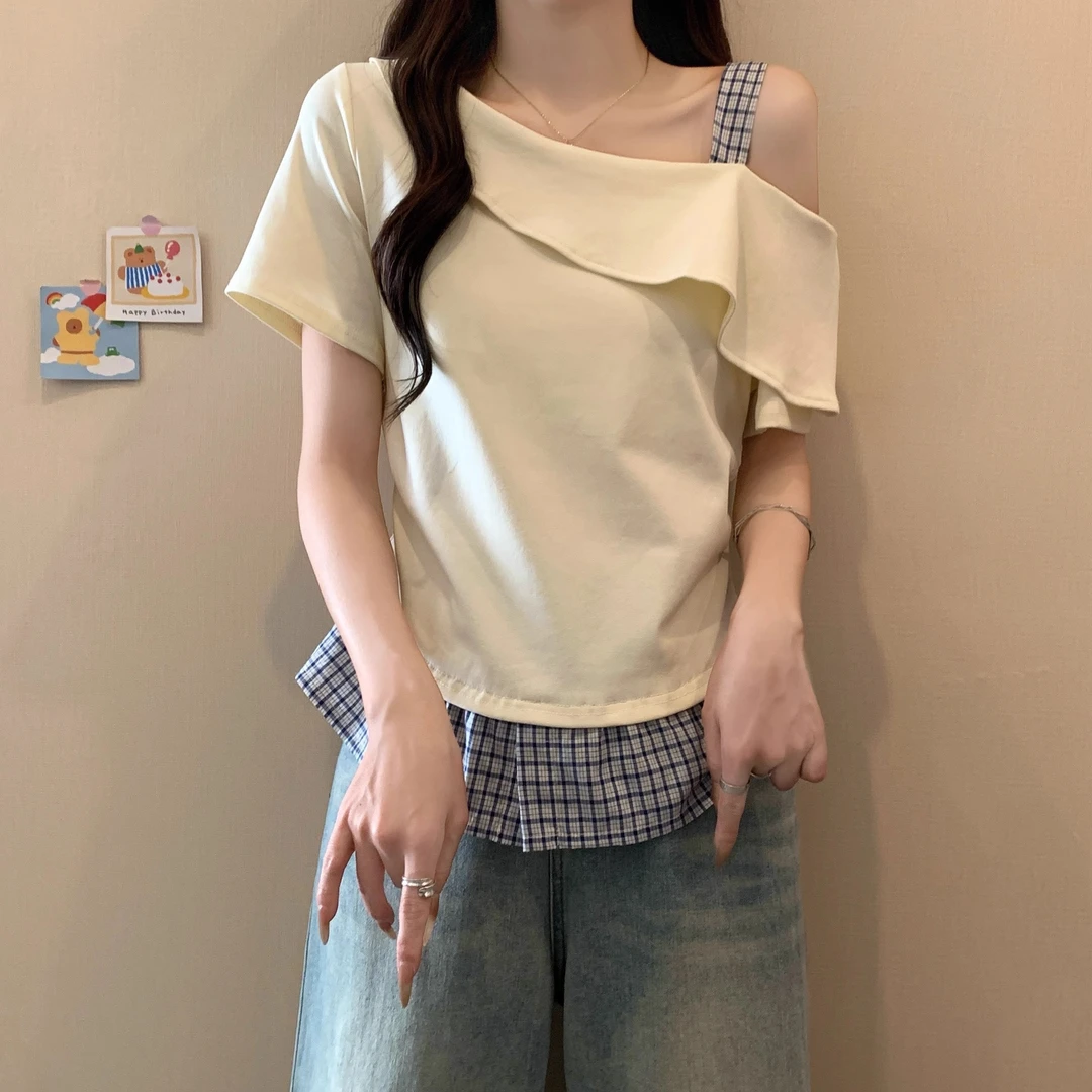 大码假两件修身短袖设计感小众斜肩露肩拼接上衣洋气女装2025新款